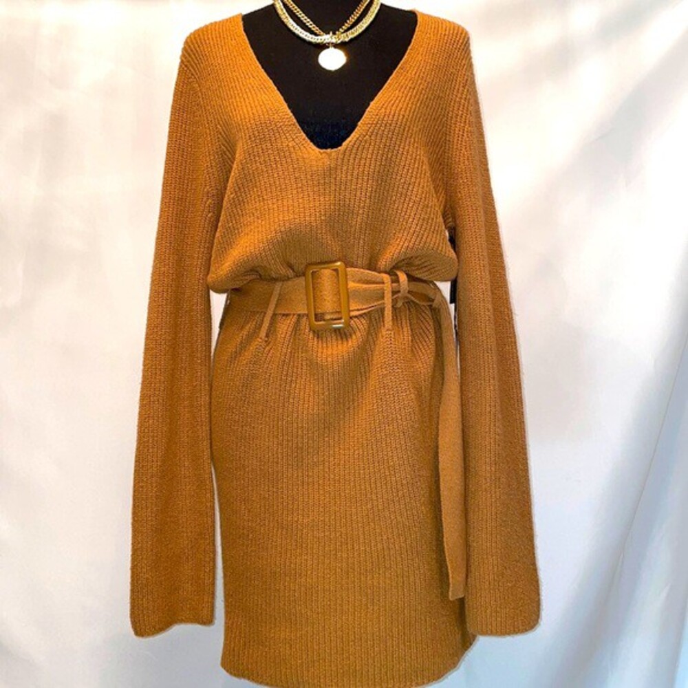 LEITH | Size M Tan Dale Belted Sweater Knit Fall Dress